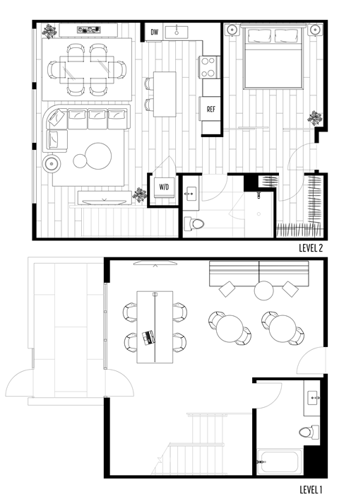 A black and white floor plan of a two-level home.